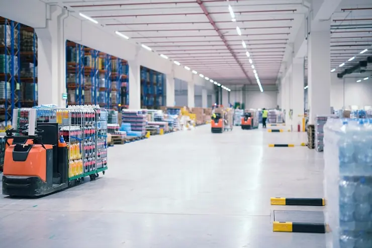 Depozit logistic luminos cu rafturi înalte și stivuitoare electrice pe culoar